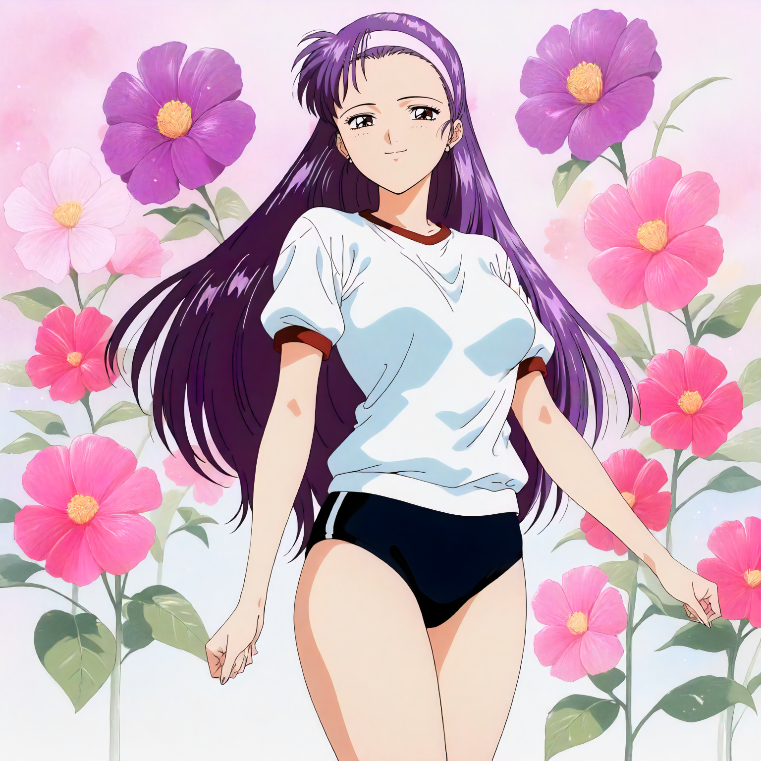 <lora:ZSBGP0_saionji_reikoXLanimagine002>,
masterpiece,high score,great score,absurdres,
flower background,glitter,
smile,
looking at viewer,
solo,
anime coloring,1990s \(style\),
saionji_reiko\(zenkoku_seifuku_bishoujo_grand_prix\),1girl,purple hair,long hair,hairband,forehead,brown eyes,
gym shirt,white shirt,short_sleeves,red trim,
black buruma,
cowboy shot,
standing,