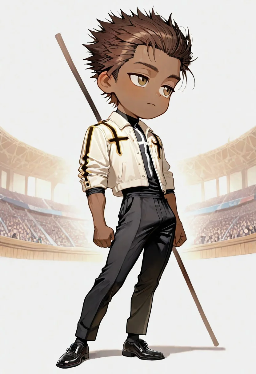 masterpiece, best quality, newest, absurdres, highres, solo,
OC_Dave, brown hair, slicked back hair, spiky hair, brown skin, fullcross undershirt, white polo jacket, rolled up sleeves, open jacket, black trousers, black dress shoes, wooden bo staff,
<lora:IriaStyleIllustriousV1-000005:1> chibi, full body,
arena, audience, detailed background,