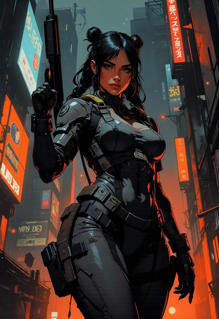 magnificent, closeup portrait, female bounty hunter, braided black hair, futuristic armor, halo spartan, spartan armor, armor plating, sexy, curvy, large breasts, large ass, aiming an assault rifle, assault rifle, aiming rifle, holstered pistol, Cyberpunk City, Neon Lights, foreshortening,
solo,
Cowboy Shot, close up, from above,
