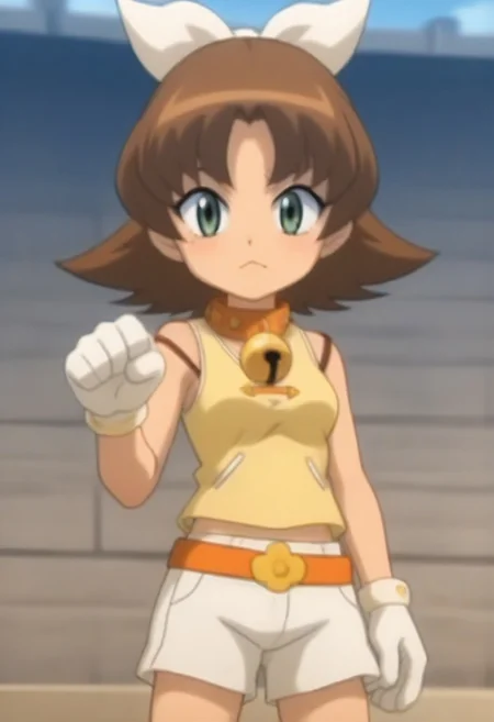 source_anime, anime screencap, source_anime, auratheguillotine, anime screencap, masterpiece, source_anime, shiny skin,,,,,,,,, bare shoulders,,, motti, brown hair, green eyes, nekoguchi, bell collar, orange collar, bangs, hair ribbon, white ribbon, medium hair, yellow tank top, tank top, exposed arms, sleeveless,, white shorts, orange belt, white boots, white gloves, one paw glove, one fingerless glove,