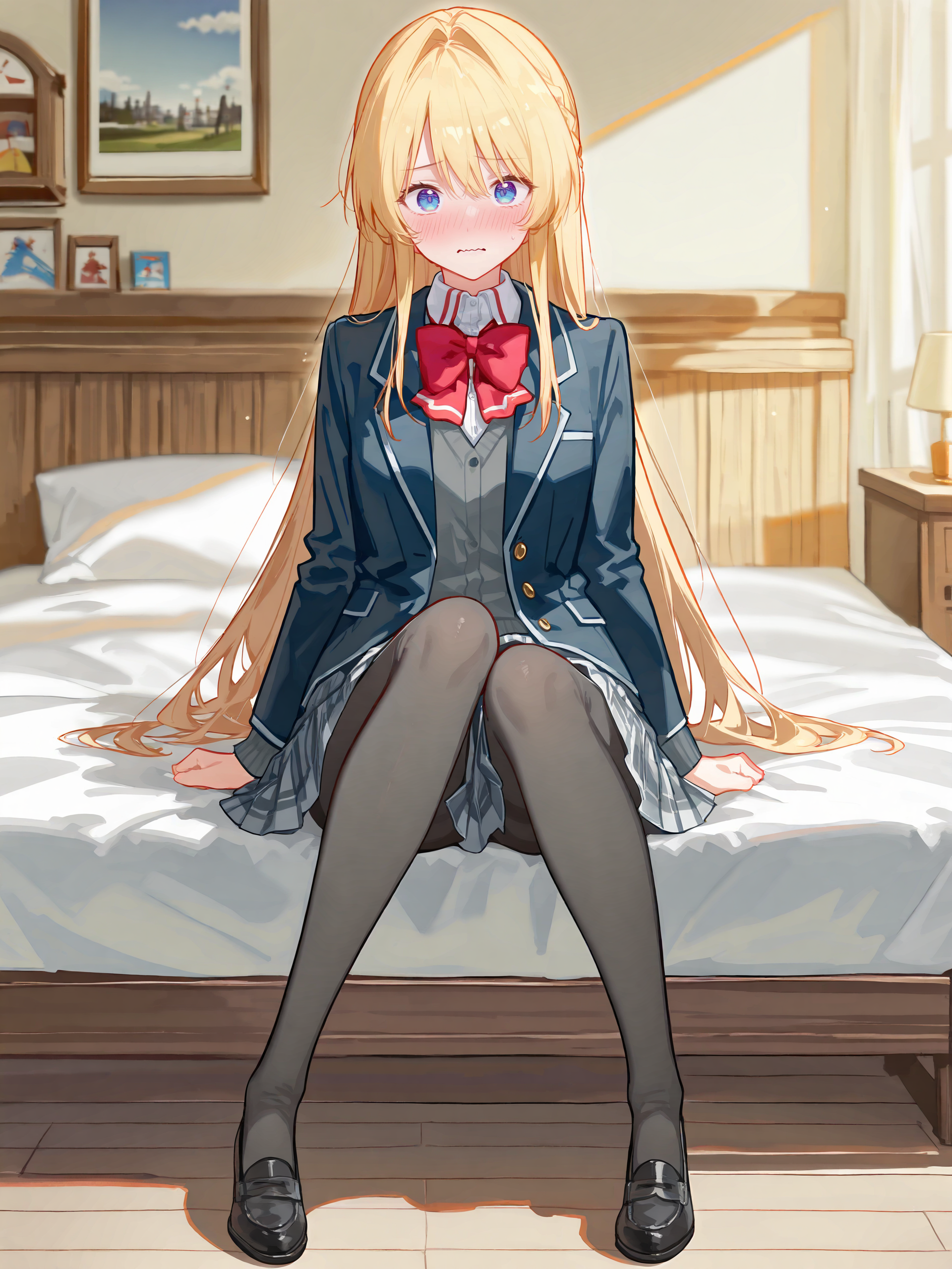 1girl, ouzuka mai, solo, blue eyes, school uniform, pleated skirt, plaid skirt, white collared shirt, blazer, red bowtie, black pantyhose, looking at viewer, embarrassed, blush, wavy mouth, sitting on bed, full body, bedroom, indoors, blurry background ,  <lora:Char-Ouzuka-Mai-V1-IL:0.9>
masterpiece, best quality, amazing quality, very aesthetic, absurdres, (ask \(askzy\), hiten \(hitenkei\):0.7), perfect features, intricate details, ray tracing, <lora:XL-aesthetic_anime:1:hr=0.1>, <lora:XL-detailed_notrigger:1:hr=0.5>