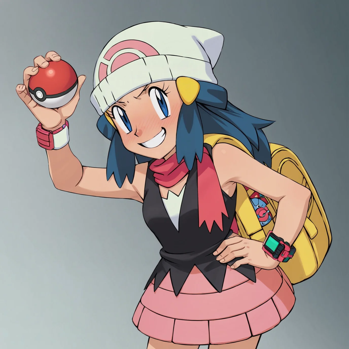 score_9, score_8_up, score_7_up, score_6_up, score_5_up, zPDXL2, max detail, 4k wallpaper, masterpiece, best quality, absurdres, highres, dynamic angle, dynamic pose, source_anime, PokemonStyle, pokemon \(anime\), pokemon \(classic anime\), flat color,
<lora:Pokemon:1>
1girl, dawn \(pokemon\), poke ball, hat, poke ball (basic), beanie, scarf, blue eyes, pokemon (creature), smile, skirt, holding poke ball, holding, piplup, bag, blush, long hair, pink skirt, red scarf, sleeveless, white headwear, shirt, black hair, grin, hair ornament, bracelet, hand on hip, sleeveless shirt, hairclip, yellow bag, black shirt, jewelry, backpack, watch, teeth, wristwatch, looking to the side