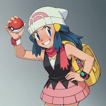 score_9, score_8_up, score_7_up, score_6_up, score_5_up, zPDXL2, max detail, 4k wallpaper, masterpiece, best quality, absurdres, highres, dynamic angle, dynamic pose, source_anime, PokemonStyle, pokemon \(anime\), pokemon \(classic anime\), flat color,
<lora:Pokemon:1>
1girl, dawn \(pokemon\), poke ball, hat, poke ball (basic), beanie, scarf, blue eyes, pokemon (creature), smile, skirt, holding poke ball, holding, piplup, bag, blush, long hair, pink skirt, red scarf, sleeveless, white headwear, shirt, black hair, grin, hair ornament, bracelet, hand on hip, sleeveless shirt, hairclip, yellow bag, black shirt, jewelry, backpack, watch, teeth, wristwatch, looking to the side
