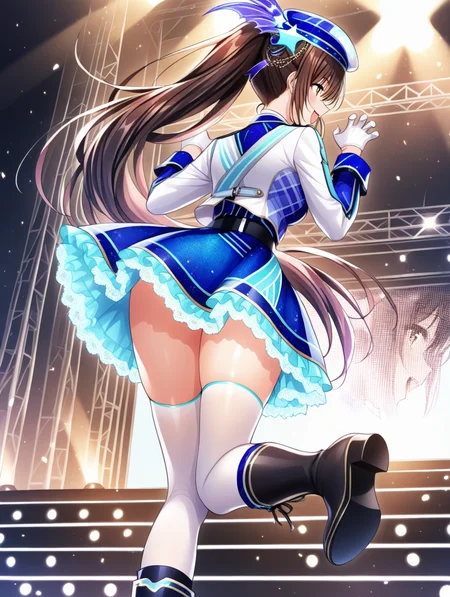 perfect quality,best quality,absolutely eye-catching,ambient occlusion,raytracing BREAK
1girl,<lora:hanayome IL v1.1_1:0.8>,utahosi,brown hair,ponytail,hat,hair ornament,idol,long sleeves,belt,miniskirt,lace trim,white thighhighs,black boots,stage,stage lights,light particles,solo,from below,claw_pose,