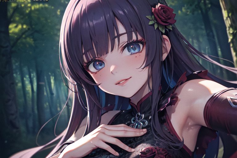(masterpiece:1.4), 4K8K, (anime style), (high shutterspeed:1.4), (sharp edges), 
SyFyEye1, 
1woman  hands togather,  leaning foward, face focus, smile, closed mouth, 
wearing Celtic style dress, (Detailed face, Detailed eyes, Detailed lips), 
any colored roses, Fantastic Forest at night,