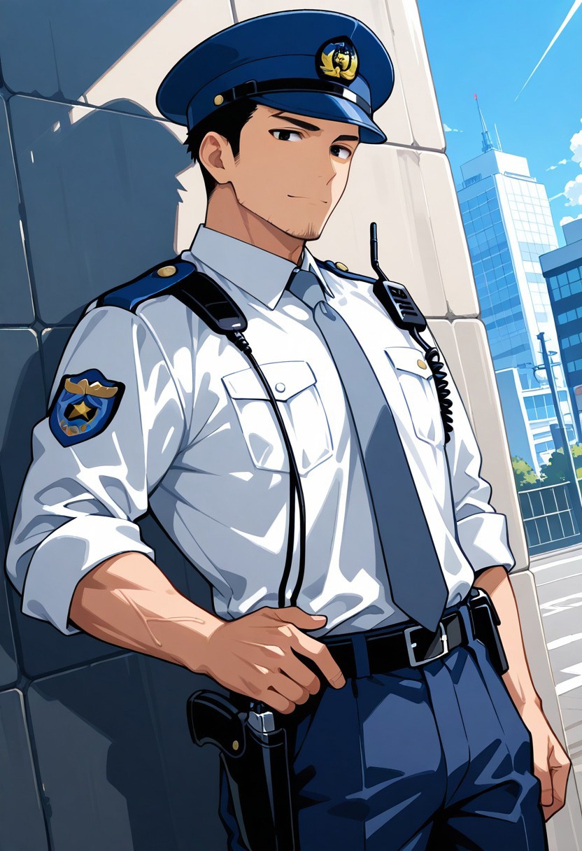 score_9, score_8_up, score_7_up, score_6_up, perfect anatomy, perfect proportions, best quality, masterpiece, high_resolution, high quality, aesthetic, absurdres, male focus, solo male, adult, mature, masculine, manly, handsome, charming, alluring, standing, upper body, dutch angle, cowboy shot, BREAK  (asian male, japanese male:1.3), black eyes, black hair, short hair, facial hair, stubble, BREAK Japanese Winter Police Uniform, Japanese Police Uniform, Winter Police Uniform, male Police Uniform, HannekenJpPcWt05, white collared shirt, grey blue necktie, rank insignia, sleeves rolled up, Japanese police emblem, dark blue pants, Walkie-Talkie, hip holster, black boots, dark fatigue cap, Ryakubo cap, Ryakubo\(fatigue cap\), outdoors, japanese modern city