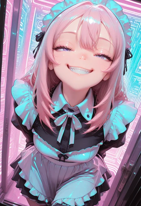 smooth positive, masterpiece, best quality, good quality, newest, highres, absurdres, 8K, bright colors, multicolored background, neon palette, pov peephole, peephole, dutch angle, 1girl, CivChan, grin, purple eyes, pink hair, arms behind back, looking at viewer, maid headdress,
masterpiece, best quality, good quality, newest, highres, absurdres, 8K, bright colors, <lora:add-detail-xl:2> <lora:unfazed mixed gothic - IL:0.6> <lora:CivChan:1>