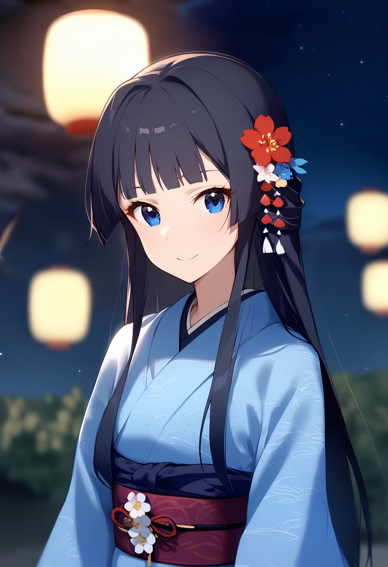 1girl,
mogami shizuka,


sky, closed mouth, shawl, standing, solo, cloud, hair flower, blurry, japanese clothes, long sleeves, depth of field, night sky, kimono, obi, obijime, star \(sky\), starry sky, long hair, night, blue eyes, hair ornament, obiage, black hair, smile, looking to the side, blunt bangs, outdoors, wide sleeves, sash, flower, arms at sides, upper body, blurry background,

sfw
<lora:a31_char_new_mogami_shizuka-000022:1> <lora:a31_style_koni-000010:0.8>