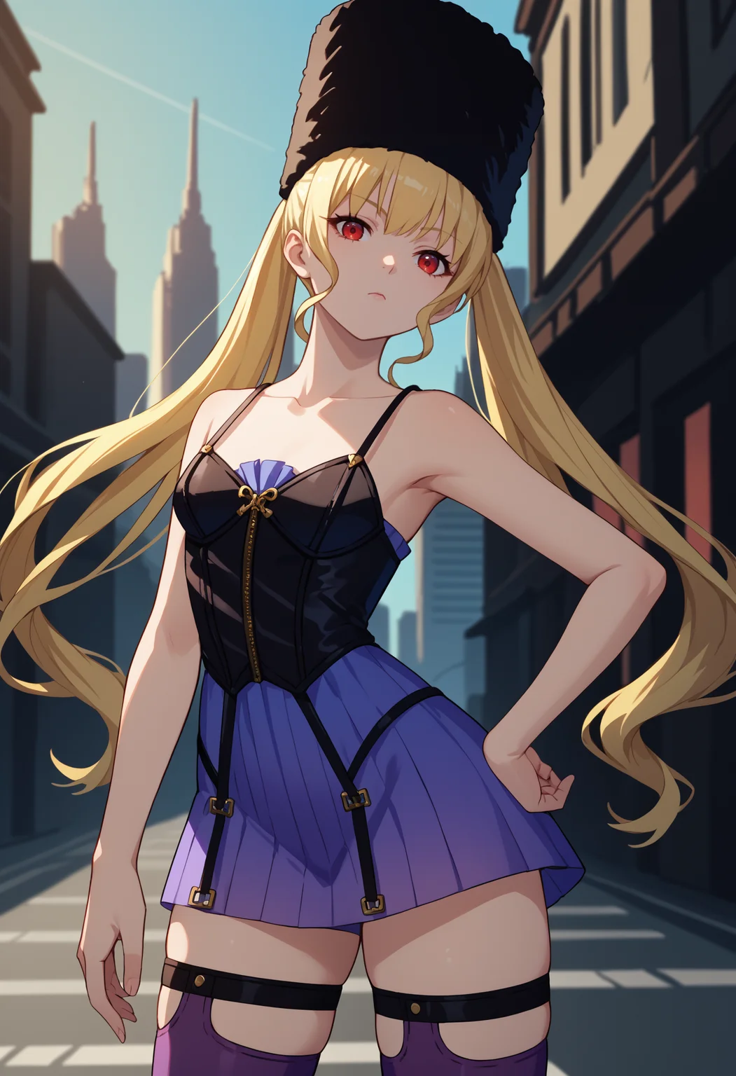 score_9, score_8_up, score_7_up, source_anime, <break> solo, 1girl, mia karnstein, expressionless, looking at you, standing, hand on own hip, long hair, blonde hair, twintails, black headwear, fur hat, ushanka, red eyes, purple dress, short dress, bustier, spaghetti strap, purple thighhighs, thigh strap, outdoors, city
<segment:yolo-face_yolov8m.pt,0.4,0.5//cid=1>