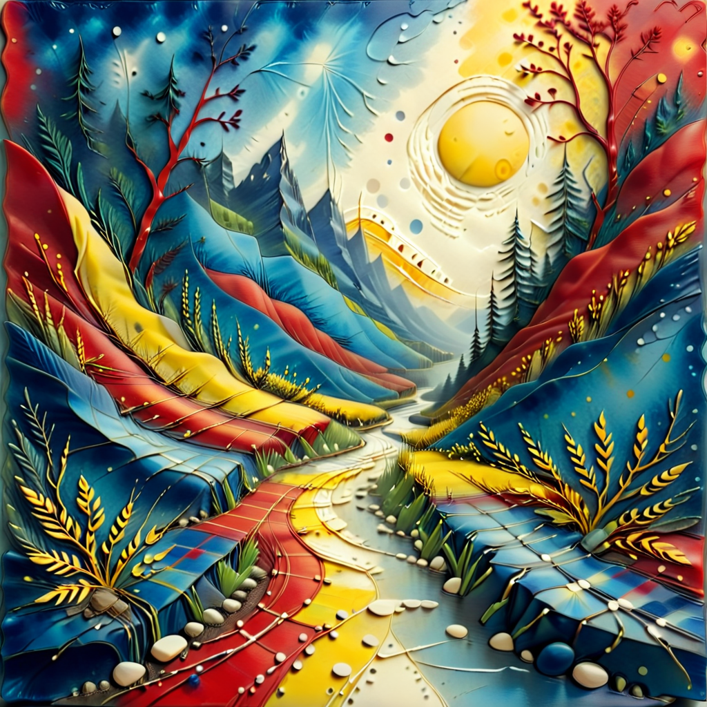 abstract nature print, valley, dots and dashes, encaustic, cashmere, futurism style, Sunken, red, blue, and yellow, tartan pattern, vignette effect, acrylic wash accents, balanced, textured paper texture, opaque finish <lora:artfully_DEPTHMAP:0.8>,  depth map, in the style of carved relief, embossing, encaustic, papercraft,