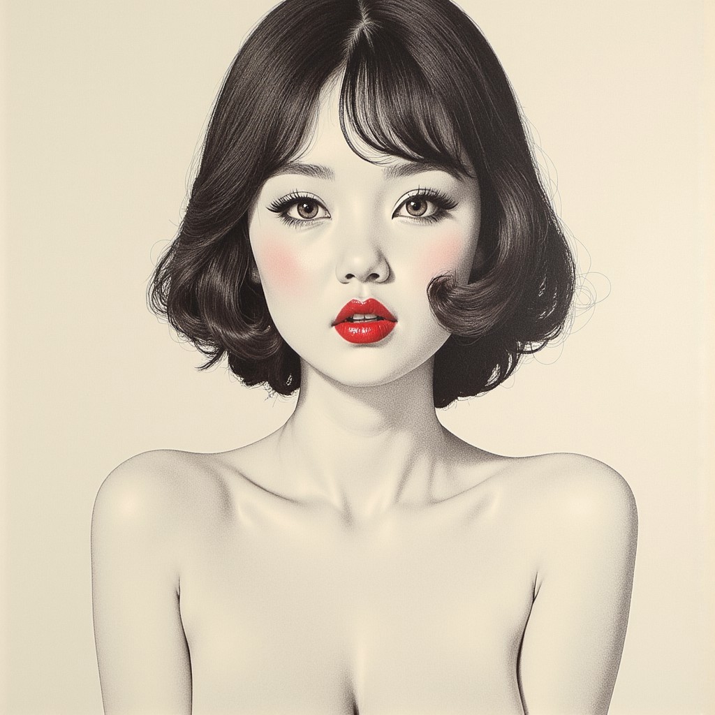 vtgbrst. HS28008. 
A sketch in simple graphite pencil, (upper-body portrait) of a young Japanese woman, vintage, chic, fair skin, beautiful, shoulder-length dark brown hair, red lips, long black eyelashes, bright gray-blue eyes, eye detail, clarity, vivid colors, chiaroscuro lighting, nude, intricate details, hyper-detailed, hyper-realistic, professional photoshoot. Her large HSstsaerb are visible with detailed red HSselppin and red HSealoera.
