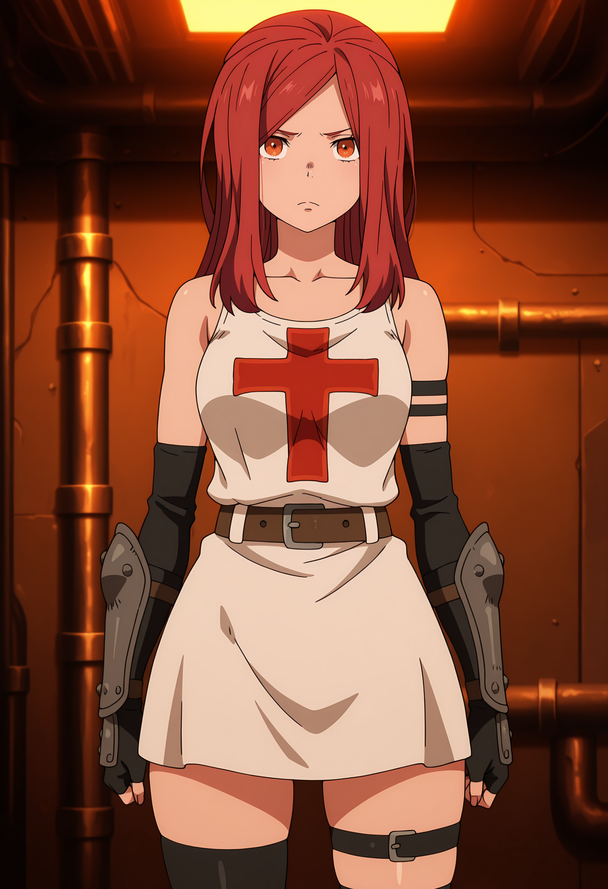 anime screencap, masterpiece, best quality,
<lora:EnenNoShouboutai_IsaribaLisa_IlluXL:0.9>,
1girl, solo, closed mouth, frown,
straight hair, parted bangs, long hair, red hair, orange eyes,
bare shoulders, collarbone, cross print, white dress, detached sleeves, armband, wrist guards, black gloves, fingerless gloves, belt, thighhighs, thigh strap,
standing, looking at viewer, cowboy shot,
blurry background, indoors, industrial pipe, night, dark, redtheme