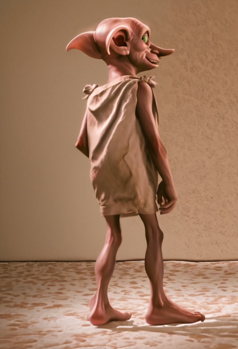 dobby_house-elf, 1male, short, skinny, bald, large green eyes, long nose, long pointed ears, brown skin, sleeveless dark grey rags clothes, barefoot, score_8_up, score_7_up, BREAK, solo, looking at viewer, smiling, from behind, looking back, male focus, bedroom background, detailed background, 4k, masterpiece, best quality, highly detailed, realistic, 3d, full shot