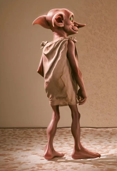 dobby_house-elf, 1male, short, skinny, bald, large green eyes, long nose, long pointed ears, brown skin, sleeveless dark grey rags clothes, barefoot, score_8_up, score_7_up, BREAK, solo, looking at viewer, smiling, from behind, looking back, male focus, bedroom background, detailed background, 4k, masterpiece, best quality, highly detailed, realistic, 3d, full shot