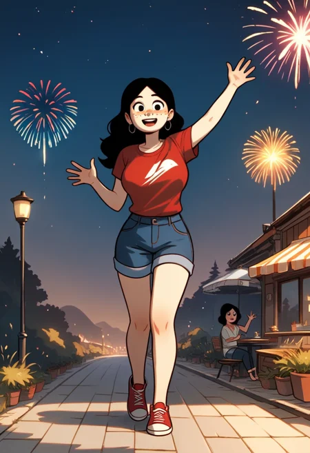 score_9, score_8_up, score_7_up, score_6_up, score_5_up, 1girl, solo, full body,
(source_cartoon),
<lora:Anya Borzakovskaya (Anya's Ghost):0.9>
Anya_B, pale skin, white skin, freckles, blush stickers, black hair, long hair, dark eyes,
earrings, (eyes open), excited,
fireworks, patriotic, (American colors, red, white, blue),
large breast, waving hand, holding flag, clothes,
outdoors, night time, night sky,
<lora:Expressive_H:0.7> Expressiveh,
<lora:add-detail-xl:0.9>
<lora:light:1.0> neolight,