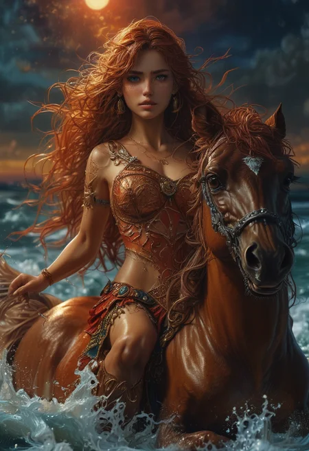 High resolution ultra-realistic full body shot of a beautiful Amazon warrior Princess, An Amazon warrior Princess, wearing Amazon garb, riding a red horse in the surf at midnight, full body in frame, wavy red hair, realistic brown eyes, perfect athletic figure, handsome pale face, beautiful perfect detailed pupils, wet oily shiny skin, beautiful firm Breasts, defiant and seductive, sexy 20 year old girl, 8k resolution portrait by Edward John Poynter, Preraphaelite art, Dark Ages, Artgerm, WLOP, Keith Parkinson dynamic lighting hyperdetailed intricately detailed Splash art trending on Artstation triadic colors Unreal Engine, 5, volumetric lighting, Cinematic Lighting, intricate, smooth, sharp focus digital painting, Asymmetrical Balance, hyperdetailed painting, dynamic lighting <lora:detailed_notrigger (1):1> <lora:sdxl_lightning_2step_lora:1>