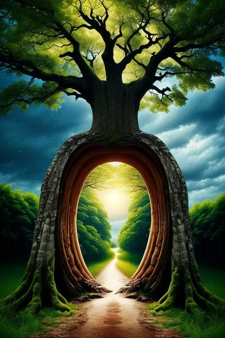 [professional::0.3][intricate:0.3:0.7][digital:0.7]-photography, <lora:Portal-10:0.7>tree-portal, cloud, forest, grass, mushroom, nature, outdoors, plant, scenery, starry sky, tree, epic photo, picture-perfect