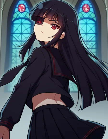 score_9, score_8_up, score_7_up, source_anime, <lora:sk-mirai-s1-ponyxl-lora-nochekaiser:1>, mirai, long hair, black hair, red eyes, eyepatch, bangs, blunt bangs,, skirt, shirt, long sleeves, navel, school uniform, pantyhose, pleated skirt, necktie, serafuku, midriff, black skirt, sailor collar, black shirt, black sailor collar, black serafuku,, church, steeple, pews, altar, holy, , <lora:shaft-look-ponyxl-lora-nochekaiser:1>, shaft look, looking back, from behind, head tilt,, looking at viewer, solo,, dutch angle, cowboy shot