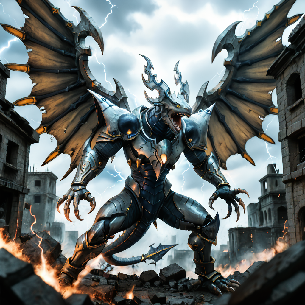 , score_9, score_8_up, score_7_up,  rating_safe,solo,no humans,dragon,dorugoramon,horns,yellow eyes,wings,tail,claws,open mouth,teeth,roaring,motion lines,spread_wings,fighting stance,outdoors,buildings,ruins,rubble,cloudy,storm,yellow eyes.lightning,photo,realistic,cinematic,HDR,DLSR,film grain,85mm lens, shallow depth of field, highly detailed, cinematic composition,<lora:DORUgoramonPony:0.95>