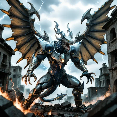 , score_9, score_8_up, score_7_up, rating_safe,solo,no humans,dragon,dorugoramon,horns,yellow eyes,wings,tail,claws,open mouth,teeth,roaring,motion lines,spread_wings,fighting stance,outdoors,buildings,ruins,rubble,cloudy,storm,yellow eyes.lightning,photo,realistic,cinematic,HDR,DLSR,film grain,85mm lens, shallow depth of field, highly detailed, cinematic composition,<lora:DORUgoramonPony:0.95>