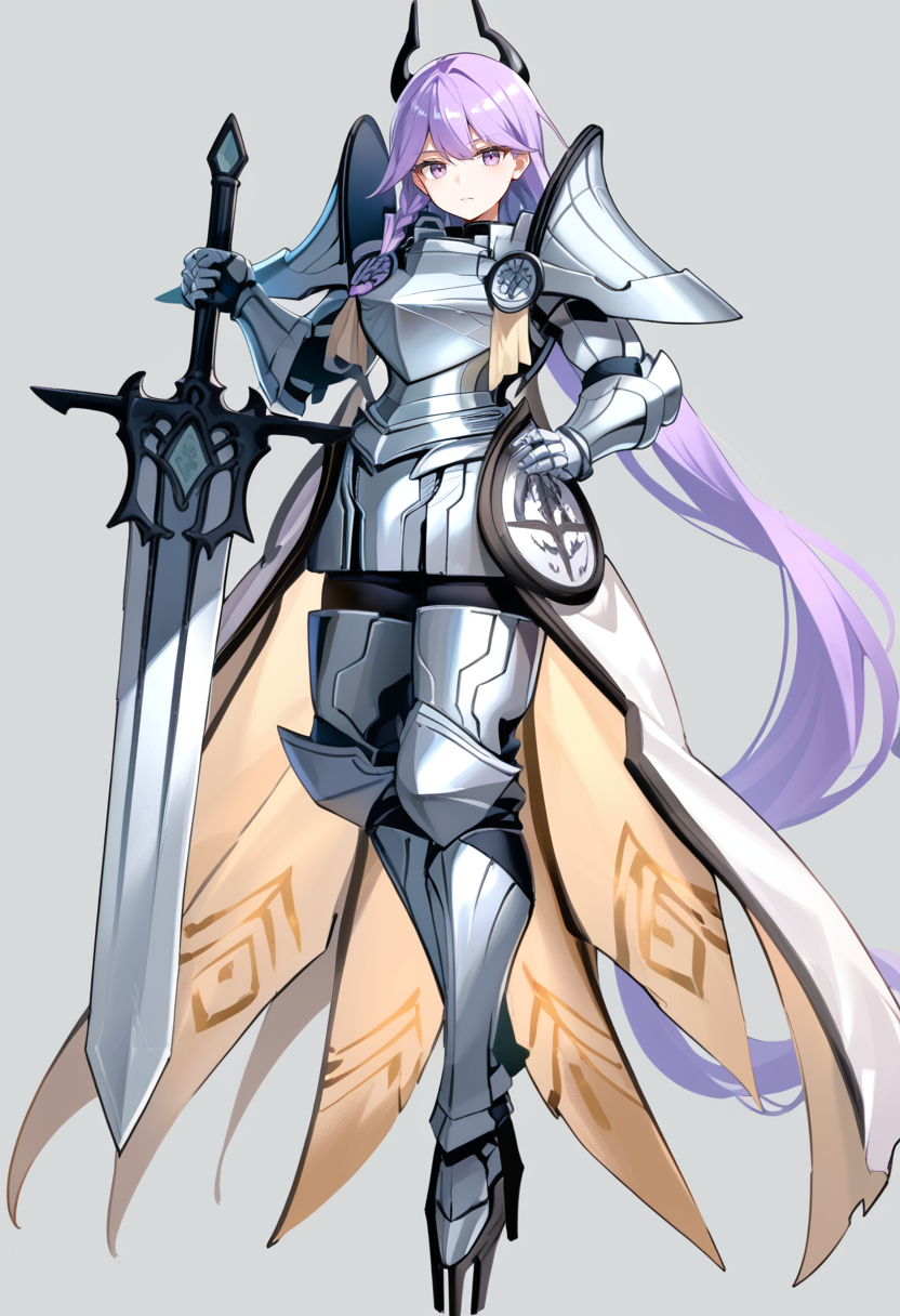 (score_9:0.9),score_8_up,score_7_up,rating_safe,anime style,(zPDXL),(zPDXL3),<lora:Dogmatika Fleurdelis the Knighted ponyXL v1:0.76>,1girl,solo,silver knight armor,huge silver sword,grey background,holding huge silver sword,silver armored gauntlets,full body,hand on hip,simple background,shield,closed mouth,silver armored boots,dogmatika fleurdelis,purple eyes,purple hair,
