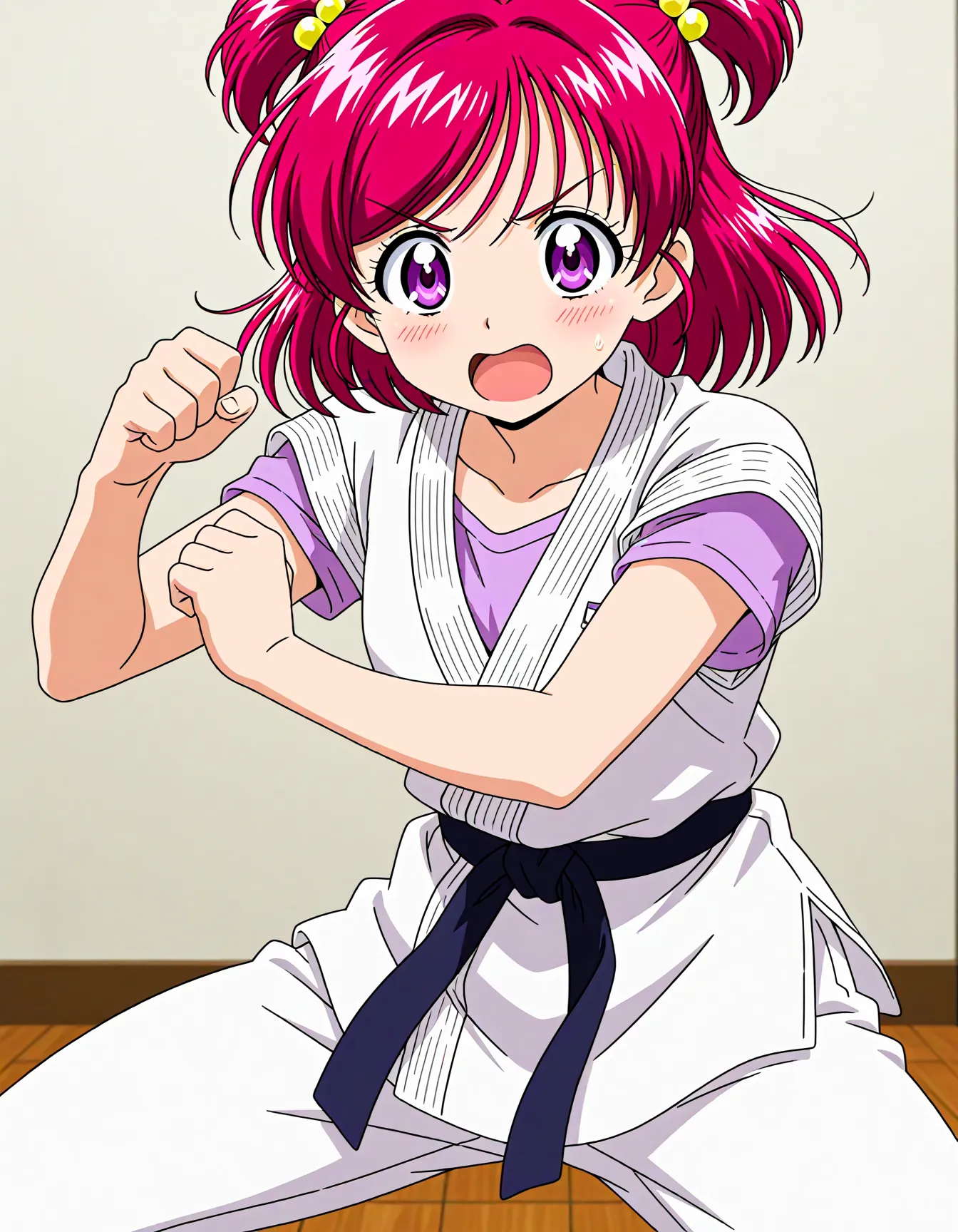 <lora:dmd2_sdxl_4step:1>,1girl,official style,masterpiece,best quality,newest,very aesthetic,highly detailed,high resolution,absurdres,highres,depth of field,super detailed skin,very awa,Anime,anime coloring,anime screencap,<lora:cure_dream_V1:1>,yumehara nozomi,solo,posing,embarrass,thighs,shy,blush,dougi,angry,open mouth,fighting_stance,pants,