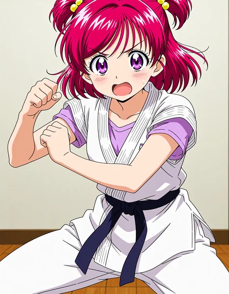 <lora:dmd2_sdxl_4step:1>,1girl,official style,masterpiece,best quality,newest,very aesthetic,highly detailed,high resolution,absurdres,highres,depth of field,super detailed skin,very awa,Anime,anime coloring,anime screencap,<lora:cure_dream_V1:1>,yumehara nozomi,solo,posing,embarrass,thighs,shy,blush,dougi,angry,open mouth,fighting_stance,pants,