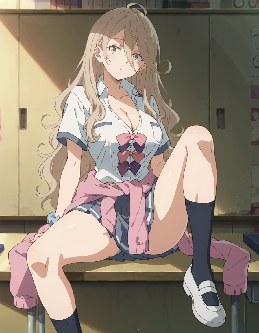 score_9,score_8_up,score_7_up,score_6_up,score_5_up,score_4_up,1girl, <lora:yumeko_shikiya:0.95> yumeko_shikiya,light brown hair,big breasts,cleavage, school uniform,two purple bow, two pink bow,white shirt, short sleeves,cardigan around waist, skirt,wrist scrunchie,black socks,white footwear,uwabaki,spread legs,
expressionless,looking at viewer,anime screencap,