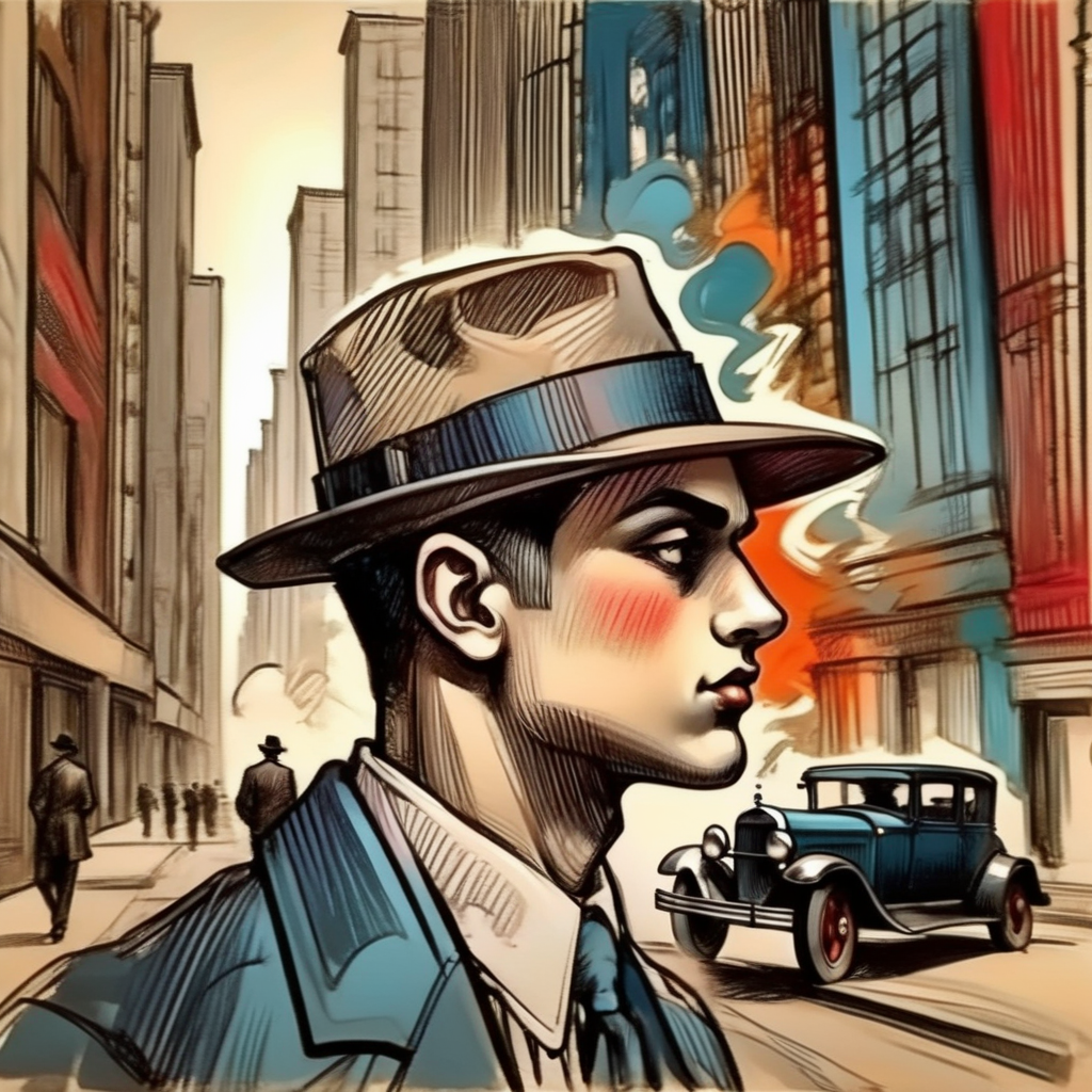 vextria gangster in a hat near a car in the city, 1920s, colorful, very detailed <lora:vextria:1>
