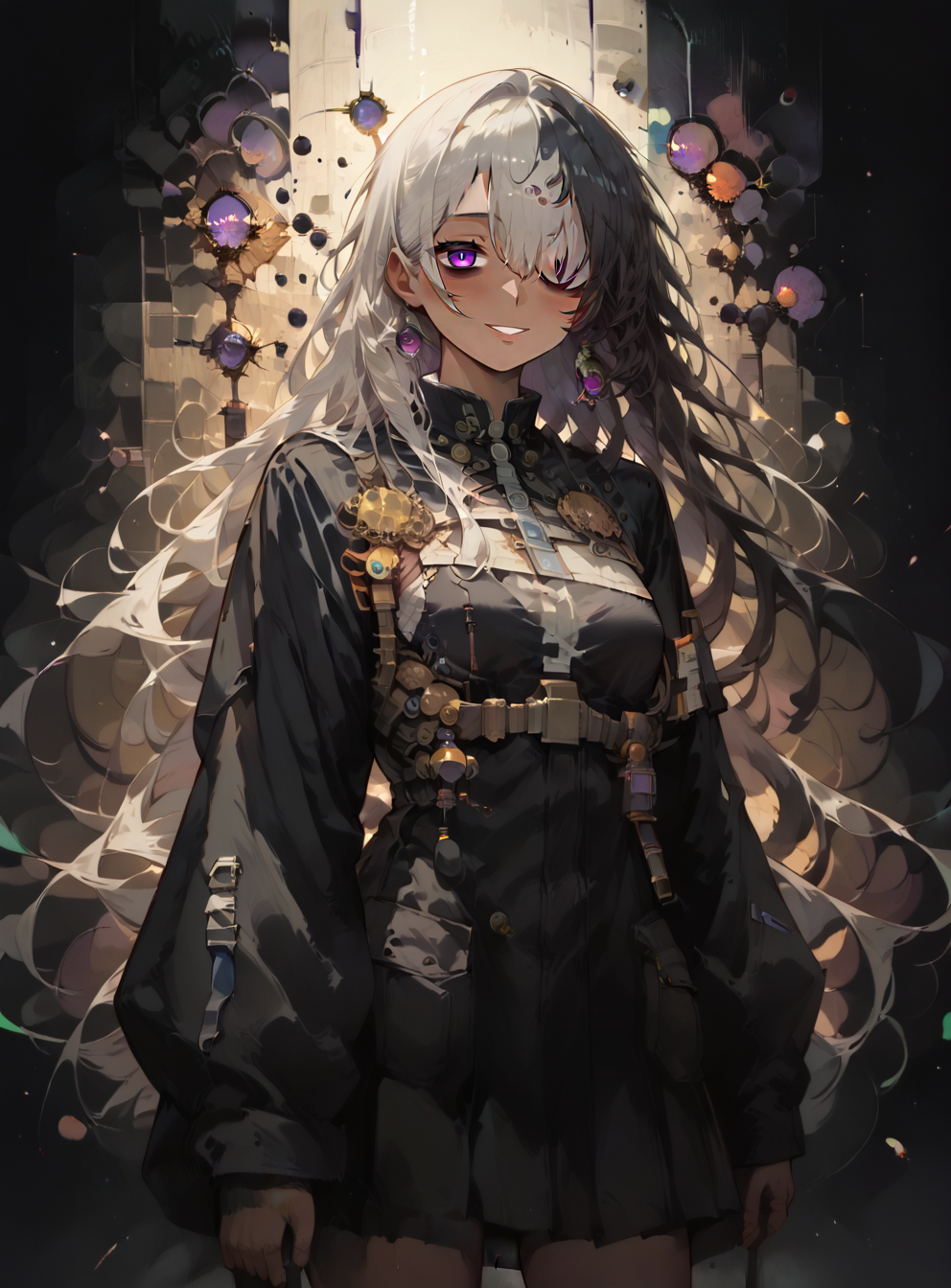 score_9, score_8_up, score_7_up, score_6_up, score_5_up, source anime, (dark skin), breasts, long hair, black hair, hair over one eye, sleeves past wrists, bags under eyes, long sleeves, smile, purple eyes, looking at viewer, blush, smile, looking at viewer, cowboy shot,  standing, realistic background, indoors, laboratory, scientist, science room, black pleated skirt, chemicals,  black jacket, white hair,  <lora:ncaaoo33_XL_15E_GT_V0.1:0.8> , ncaaoo33,  <lora:NoctAbstractConcept:1> , abstract, abstract background, particles,  <lora:ph4nt0m01lXLP:0.7> , ph4nt0m01l,  <lora:s0mXLP:0.7> , s0m,  <lora:Sinozick_Style_XL_Pony:1> , sinozick style, flat color, dark theme,