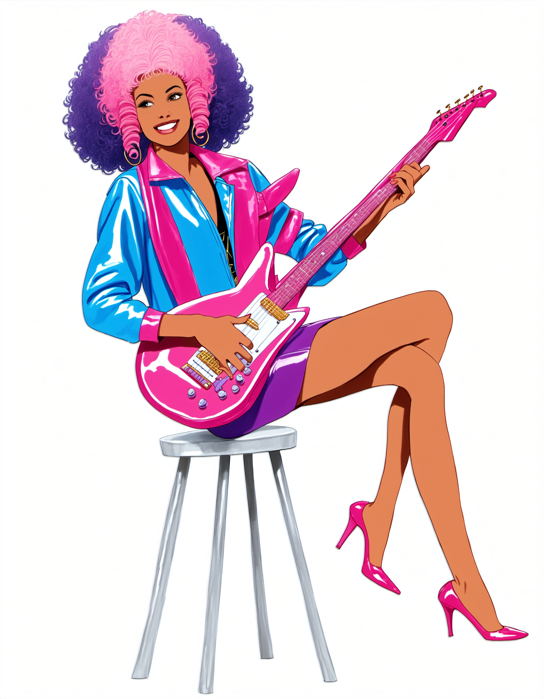 pprdl1z, afro, solo, dark skin, instrument, high heels, guitar, purple hair, skirt, dark-skinned female, white background, jacket, 1girl, full body, smile, simple background, curly hair, big hair, pink hair, shoes, playing instrument, music, PonyXLV6_Scores,  <lora:TierneyDollPDXL:1>