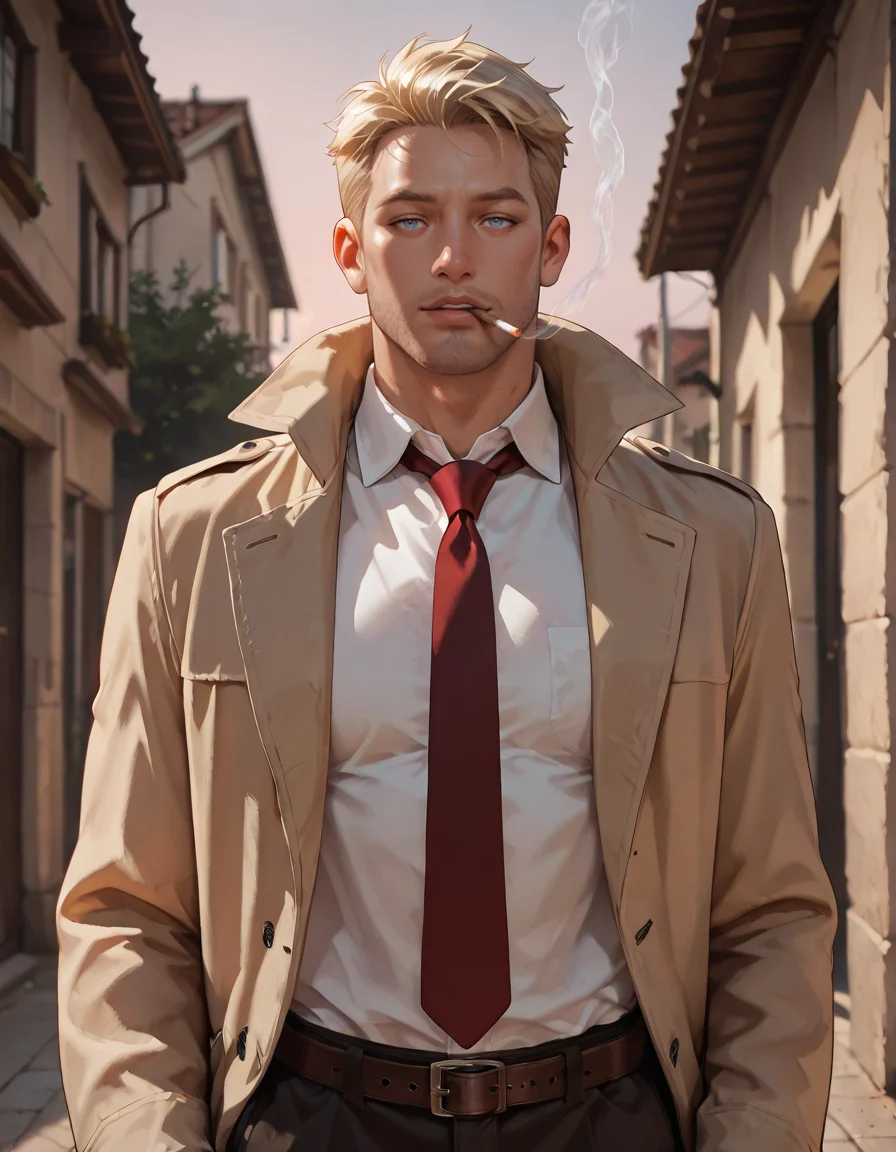masterpiece, best quality, absurdres, newest, perfect quality, best quality, absolutely eye-catching, detailed background, intricate details, male focus, realistic, solo, <lora:John Constantine - Illustrious:0.7> john_c, blonde hair, light blue eyes, thick stubble, tan trench coat, white collared shirt, red necktie, belt, dark brown pants, upper body, outdoors, evening, smoking cigarette