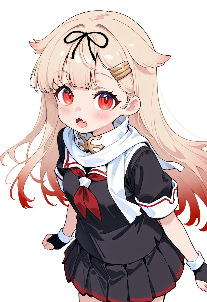 1girl,solo,looking at viewer,simple background,white background,cowboy shot,<lora:lolitirpitz(warship girls r)W-000012:1>,, masterpiece, best quality, very aesthetic, absurdres,newest, incredibly absurdres,
1girl, yuudachikaini, blonde hair, gradient hair, hair flaps, long hair, black hair ribbon, hairclip, red eyes 
Yuudachi Kai Ni outfit prompts : black serafuku, fingerless gloves, neckerchief, black pleated skirt, school uniform, scarf91), year 2023, 
((STY-CHIBI,)) fang, open mouth, from front, upper body