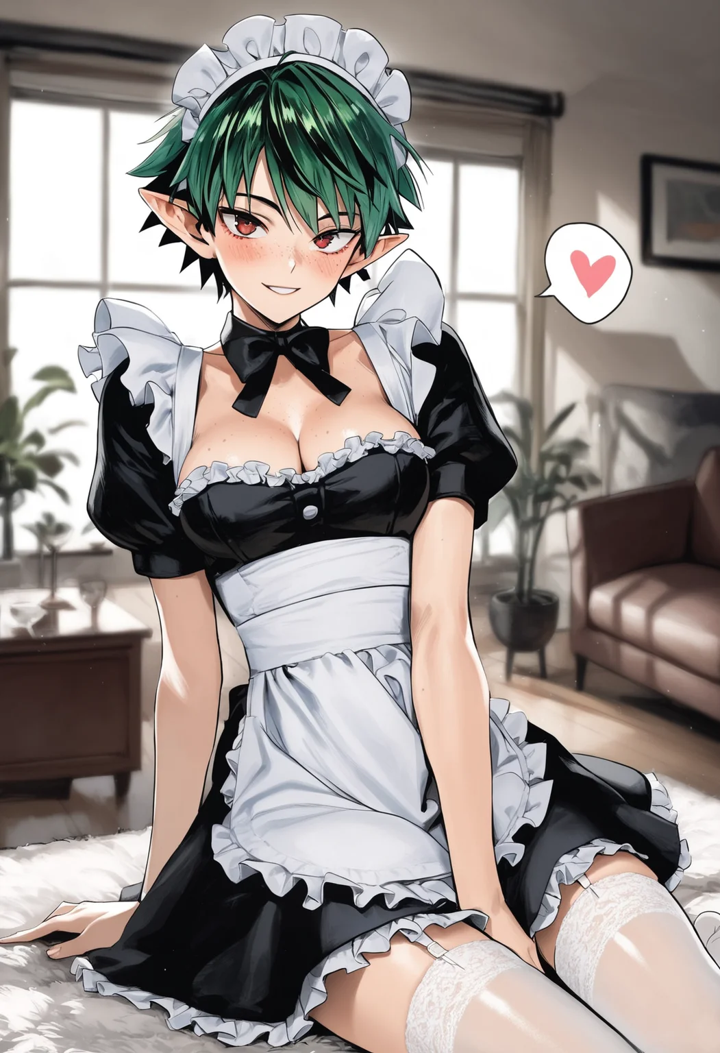 score_9, score_8_up, score_7_up,
1girl, green hair, pointed ears, short hair, red eyes, breasts, tomboy face, freckles,
maid headdress, maid, heart, cleavage, spoken heart, short hair, looking at viewer, smile, frills, blush, sitting, short sleeves, bangs, alternate costume, apron, stockings,
living room,
<lora:yusukemurata:1>, yusukemurata,