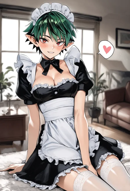 score_9, score_8_up, score_7_up,
1girl, green hair, pointed ears, short hair, red eyes, breasts, tomboy face, freckles,
maid headdress, maid, heart, cleavage, spoken heart, short hair, looking at viewer, smile, frills, blush, sitting, short sleeves, bangs, alternate costume, apron, stockings,
living room,
<lora:yusukemurata:1>, yusukemurata,