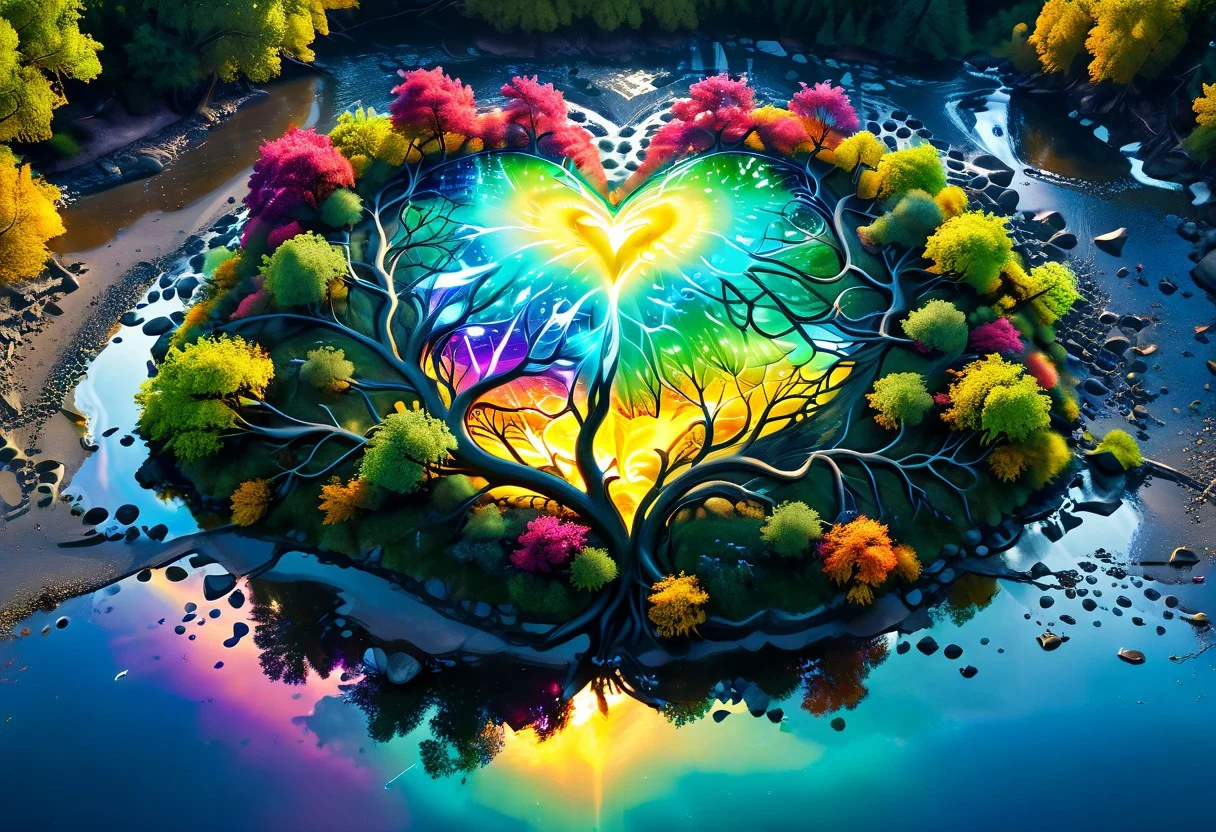 score_10 , score_9_up, score_8_up, score_7_up , score_6_up, vibrant colors, shiny_skin , prefect lighting, detailed image, snoozing , masterpiece , best quality , highly detailed , ultra quality , BREAK , (epic photo of tree , An epic photo) , ((The tree is in the middle of the screen, the tree is shaped like a heart)), 
Landscape , tree , sun , river , neon lights , heart, 
detailed background , plant , rocks , cinematic composition , dynamic pose , 
<lora:xl_more_art-full_v1:1.2>