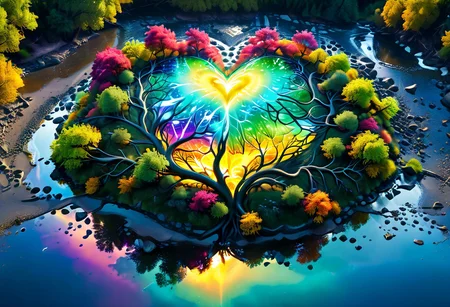 score_10 , score_9_up, score_8_up, score_7_up , score_6_up, vibrant colors, shiny_skin , prefect lighting, detailed image, snoozing , masterpiece , best quality , highly detailed , ultra quality , BREAK , (epic photo of tree , An epic photo) , ((The tree is in the middle of the screen, the tree is shaped like a heart)), 
Landscape , tree , sun , river , neon lights , heart, 
detailed background , plant , rocks , cinematic composition , dynamic pose , 
<lora:xl_more_art-full_v1:1.2>