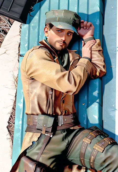 score_9, score_8_up, score_7_up, score_6_up, perfect anatomy, perfect proportions, best quality, masterpiece, high_resolution, high quality, best aesthetic, incredibly absurdres, highres, extremely detailed, huge filesize, solo male, adult, mature, masculine, manly, handsome, charming, alluring, upper body, dutch angle, cowboy shot, perfect face, source_game \(Fallout 4\), official style \(Fallout 4\), Robert MacCready\(Fallout 4\), FO4MacCready, brown hair, short hair, blue eyes, facial hair, beard, MacCready_Outfit, white undershirt, tan duster coat, heavily damaged leather duster, green scarf, utility cover, utility cap with two rifle rounds, combat webbing sling, olive green fatigues pants, tactical pouch on right thigh, leg bandolier, laying on side, laying on bench, legs spread, one knee bent one, dynamic pose, dynamic angle, Fallout 4 location, post-apocalyptic ruins