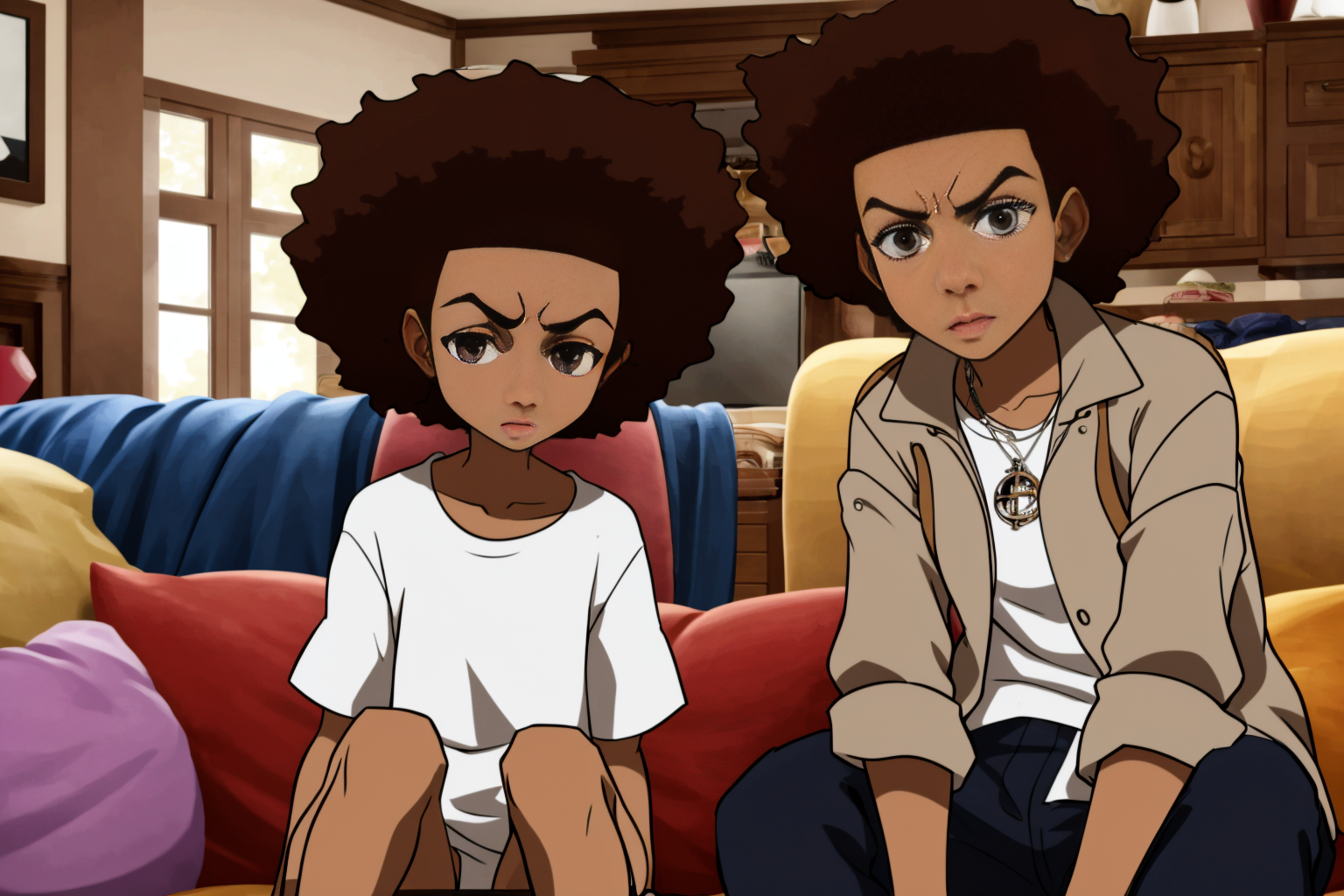a woman and a man sitting in a couch in the living room, well draw eyes and eye pupil , EdobBoondocksArtStyle  <lora:EdobBoondocksArtStyle_v1.0:0.8>