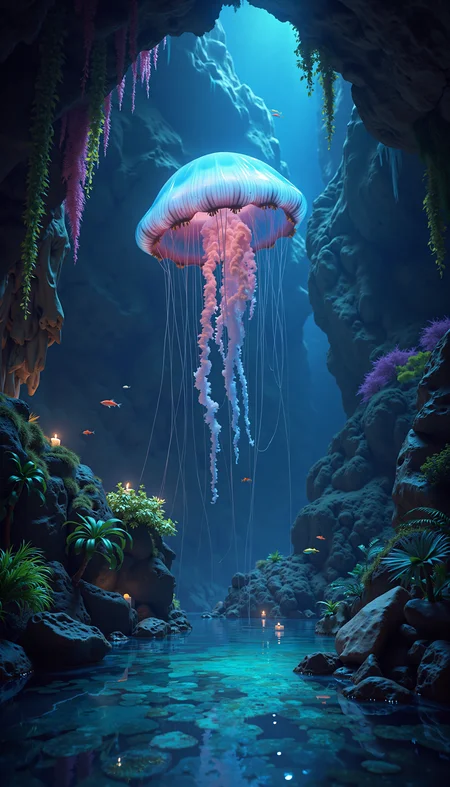 A mesmerizing, hyperrealistic photograph of a colossal, bioluminescent jellyfish floating serenely through a subterranean cave system. The jellyfish, with its intricate, pulsating tentacles, emits a soft, ethereal light, illuminating the surrounding stalactites and stalagmites. The cave walls are covered in vibrant, glowing moss, reflecting the jellyfish's light in an otherworldly dance of colors. Below, in a crystal-clear pool, small, bioluminescent fish dart among the rocks. The scene is a symphony of blues, greens, and purples, with the jellyfish acting as the central light source. The overall style is photorealistic, emphasizing the intricate details of the cave formations and the delicate textures of the jellyfish. High detail, 8k resolution, with a focus on realistic textures and the interplay of light and shadow.
