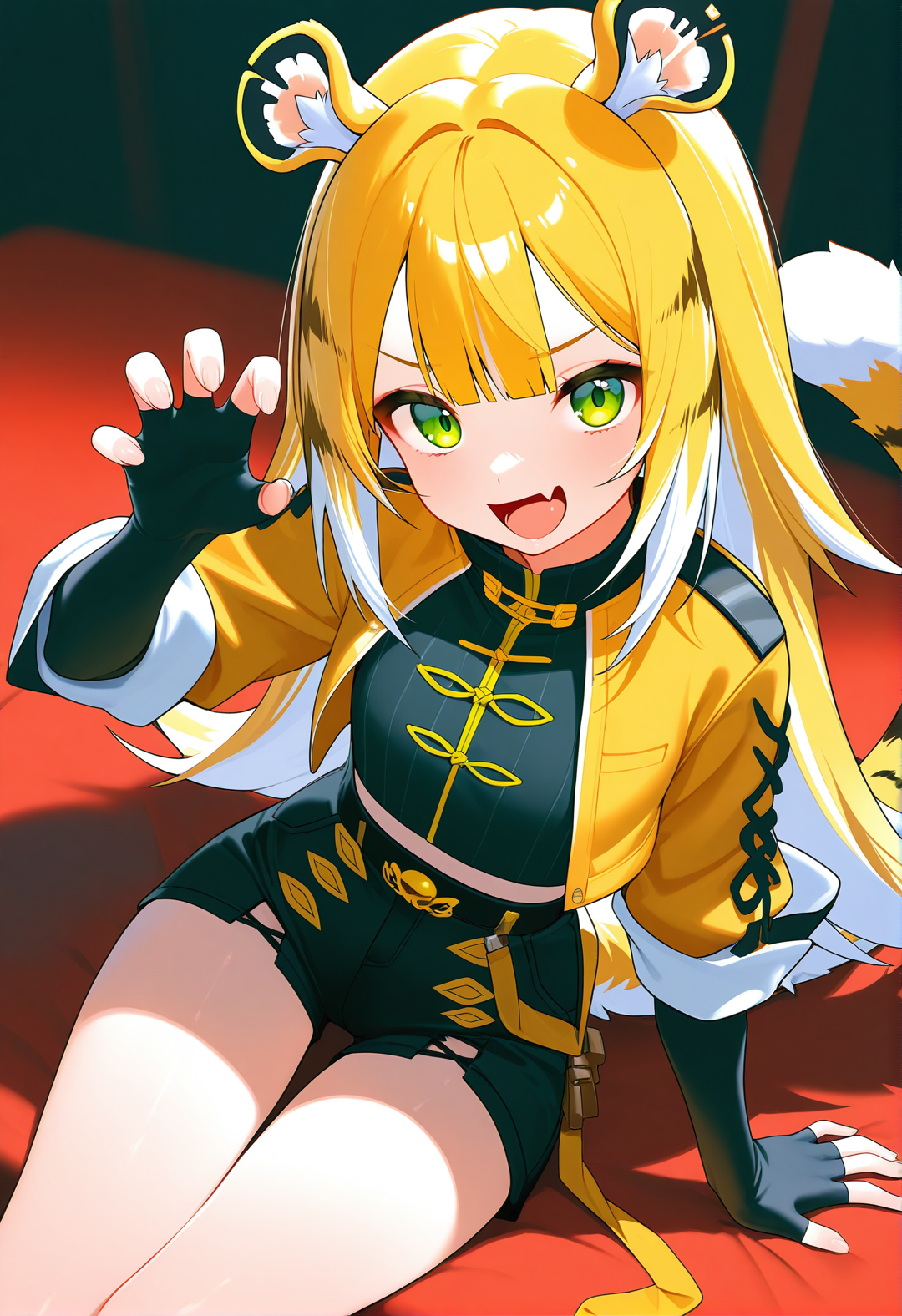 1girl, ju fufu, animal ears, arm support, black shorts, blonde hair, claw pose, elbow gloves, fingerless gloves, gloves, green eyes, hand up, jacket, long hair, looking at viewer, multicolored hair, open mouth, sitting, skin fang, smile, solo, tail, tiger ears, tiger tail, white hair, masterpiece,