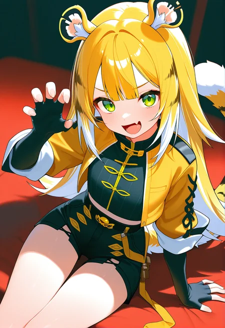 1girl, ju fufu, animal ears, arm support, black shorts, blonde hair, claw pose, elbow gloves, fingerless gloves, gloves, green eyes, hand up, jacket, long hair, looking at viewer, multicolored hair, open mouth, sitting, skin fang, smile, solo, tail, tiger ears, tiger tail, white hair, masterpiece,