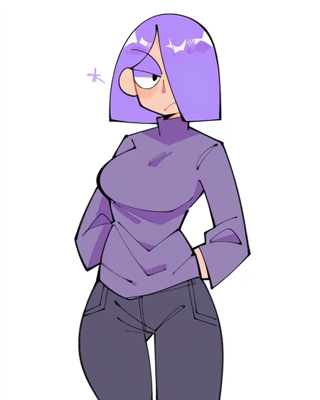 score_9, 1girl, female, (solo), standing, lily duolingo, purple hair, hair over one eye, sweater, pants, flat colors, no lineart, <lora:ponydiffusionv6_lilyduolingov2:1>