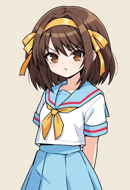 score_9, score_8_up, BREAK
haruhi suzumiya, brown eyes, brown hair, medium hair, hair ribbon, hairband, kita high school uniform, serafuku, sailor collar, white shirt, short sleeves, skirt, pout, school
<lora:InksgirlsLion2:1>