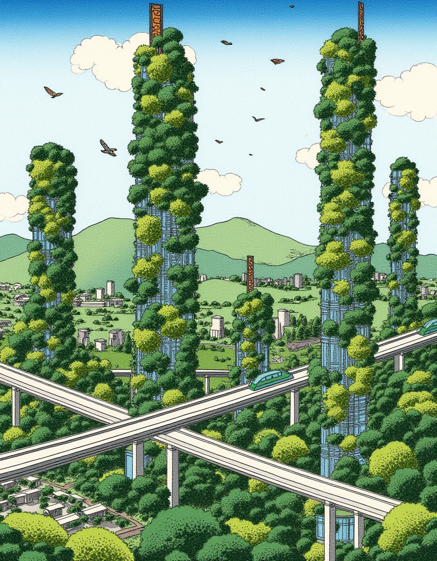 Ukiyo-e style by Hokusai, a utopian city with towering eco-friendly skyscrapers covered in greenery and connected by high-speed transit systems