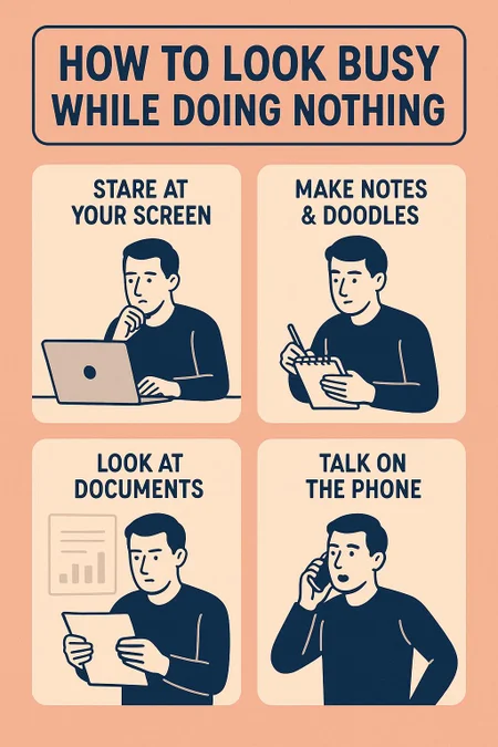 create me a visual infographic describing How to Look Busy While Doing Nothing