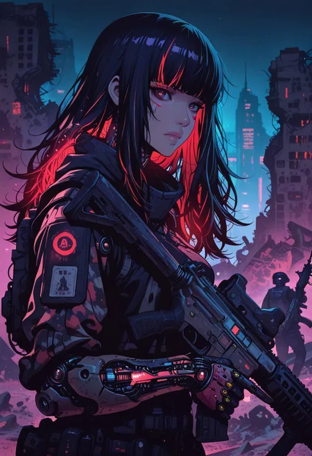 <lora:ck-nc-cyberpunk-IL-000011:0.4>, masterpiece, best quality, good quality, very aesthetic, absurdres, newest, 8K, depth of field, focused subject,
dynamic angle, side view, action shot, 1girl, cyberpunk cyborg, looking at viewer, fierce look, (camouflage glowing hair:1.2), black hair, red highlights in hair, long hair, the cyborg is very sinister and dangerous, cross_draw, AR15 rifle, assault rifle, rifle_draw, one_hand_on_trigger, trigger discipline, black desert, arid environment, city, ruins, nightvision, at night,