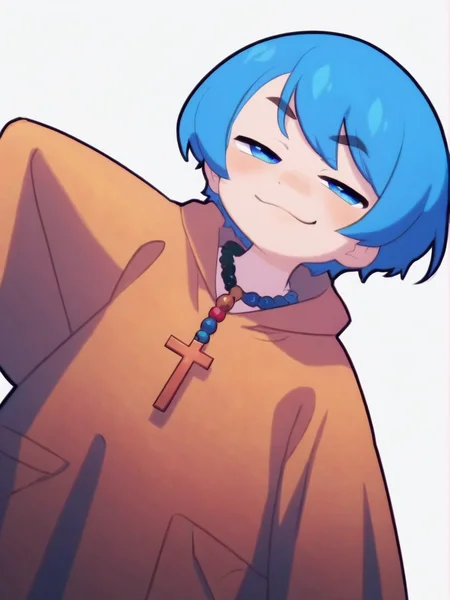 score_9, score_8_up, score_7_up, score_anime, uncensored, BREAK white background, <lora:Luce_PDXLv0-000007:0.8> 1girl, luce, cross necklace, yellow raincoat, blue eyes, blue hair, smug, solo, official art, anime screencap, chibi