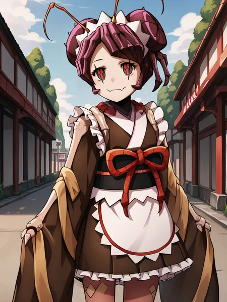 score_9, score_8_up, score_7_up, score_6_up, score_5_up, score_4_up, source_anime, <lora:StS_PonyXL_Detail_Slider_v1.4_iteration_3:3>,cinematic shadow, character focus, detailed skins, soft skins, (cowboy shot:1.4), perfect curvy small breasts,dynamic pose, <lora:Entoma_r1:1> entoma, monster girl, arthropod girl,skin fangs, purple hair, double bun, antennae ,entomadress,japanese clothes, maid headdress,ofuda on clothes, bow,frills, brown kimono, sleeves past fingers, wide sleeves, sash, obi, white apron, brown pantyhose, black footwear, black eyes, symbol-shaped pupils, red pupils,outdoors, arms at sides,