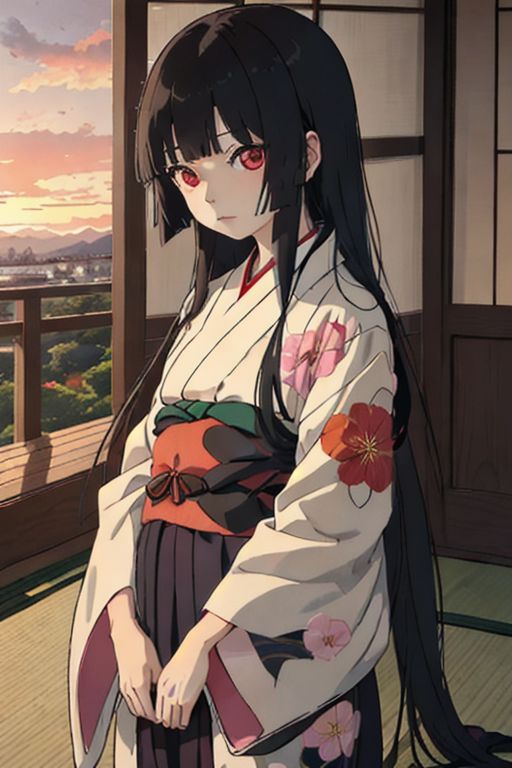 enma_ai <lora:em_ai_v1:1>, masterpiece, best quality, 1girl, solo, enma ai, black kimono, floral print, japanese clothes, sunset, twilight, beautiful, gravure, hime_cut, blunt_bangs, very_long_hair, shouji, window, tatami, scenery, cinematic lighting, <lora:add_detail:1>, masterpiece, best quality, perfect composition, <lyco:GoodHands-beta2:1.0>
Negative prompt